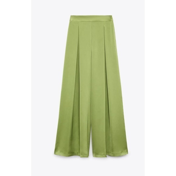 ZARA Satin Effect WIDE LEG FLOWING PALAZZO PANTS HIGH-WAIST GREEN Size S NWT‎ - Picture 1 of 14